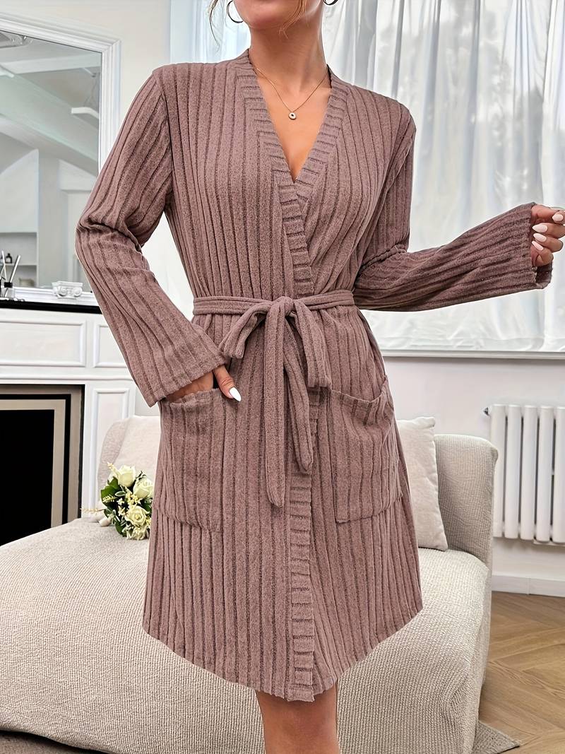 Women's short brown towelling bathrobe