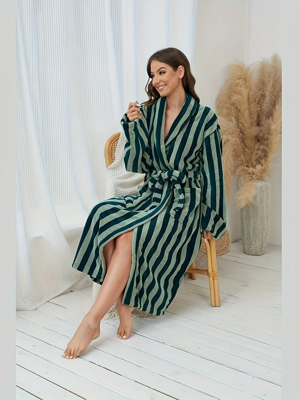 Women's green striped waffle dressing gown