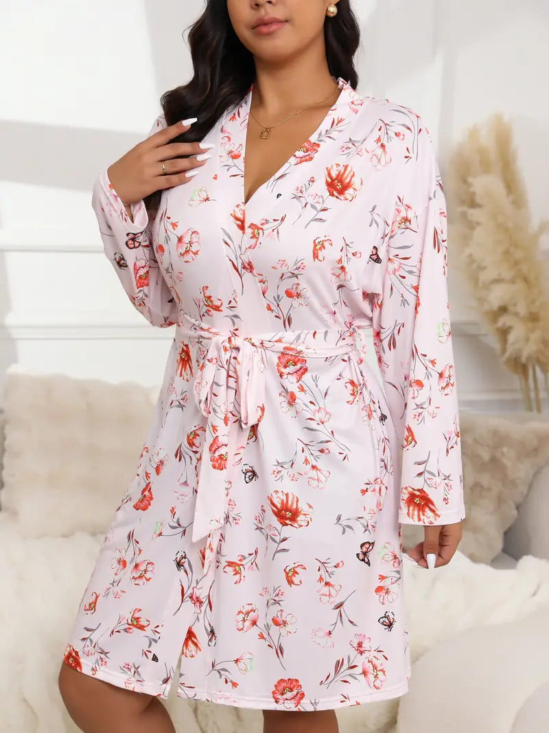 Women's short floral satin dressing gown, plus size — Pink