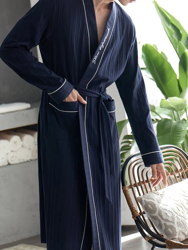 Men's navy cotton kimono robe Image