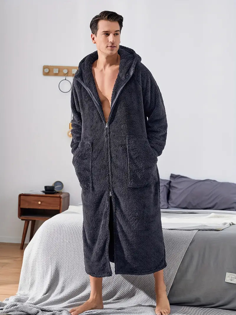 Men's long hooded towelling bathrobe — Grey