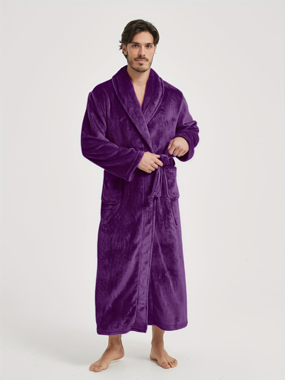 Men's long shawl collar towelling bathrobe