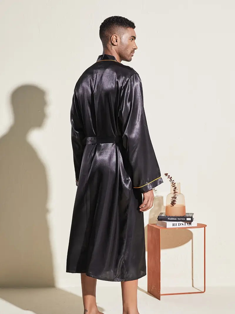 Men's long black luxury bathrobe, plus size