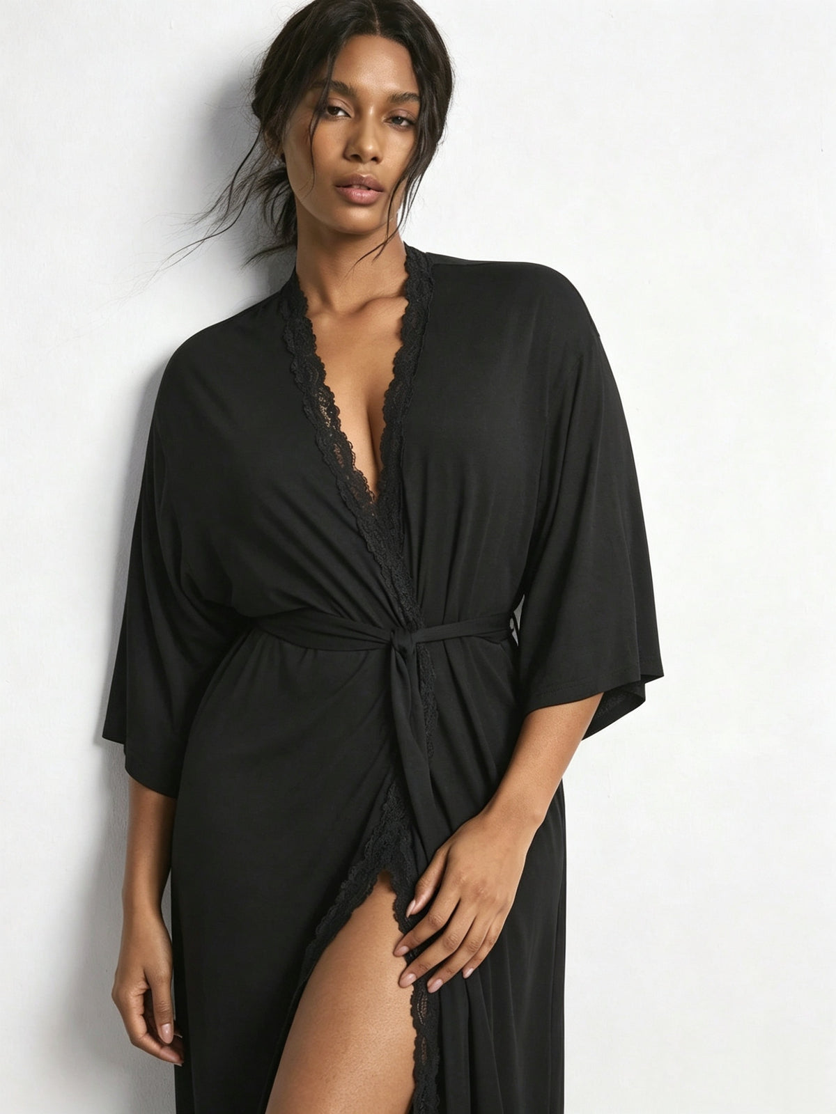 Women's black modal lace dressing gown