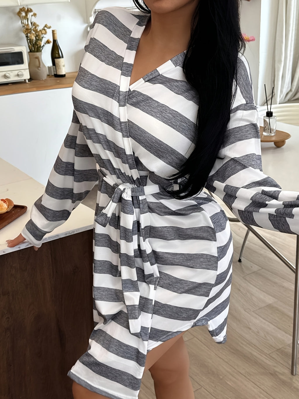 Women's grey striped hooded dressing gown