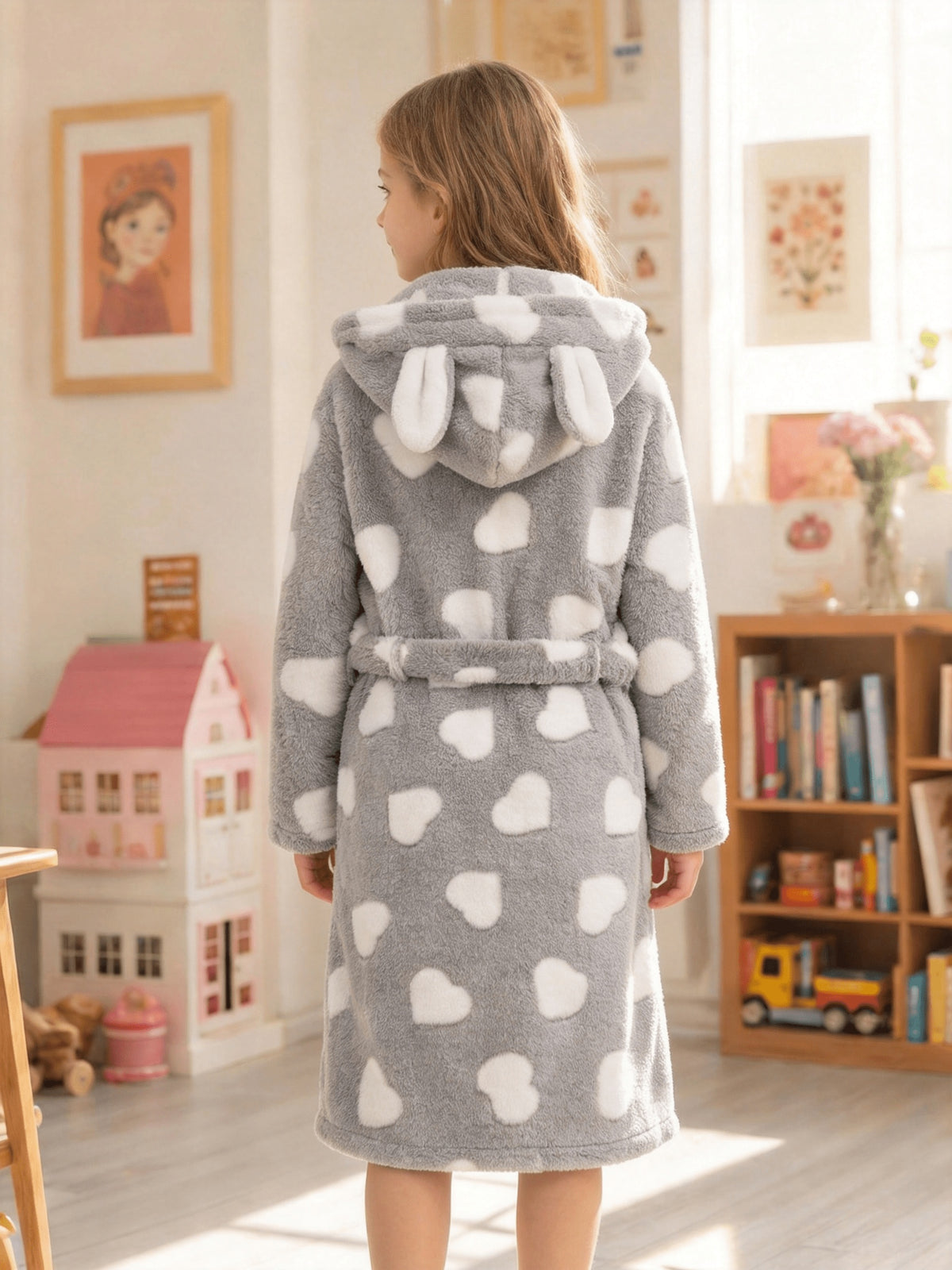 Girls' grey heart print hooded fleece dressing gown