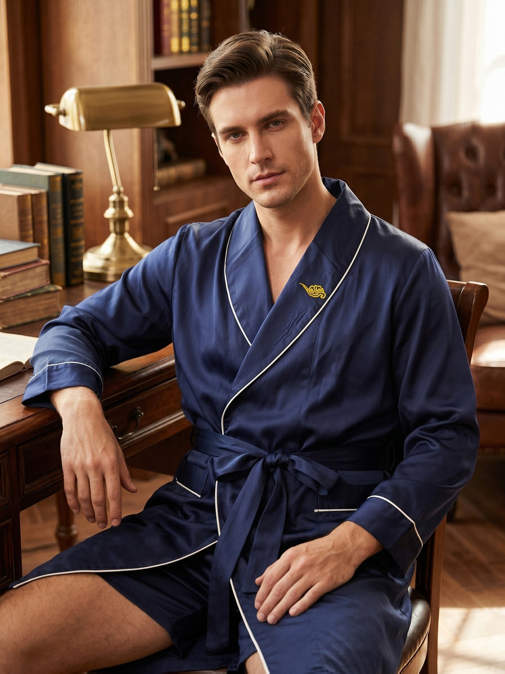 Men's embroidered satin dressing gown and shorts set