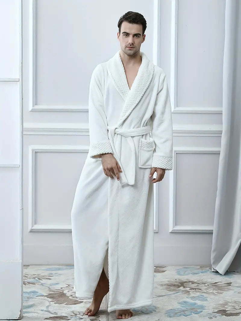 Men's long thick fleece bathrobe, luxury