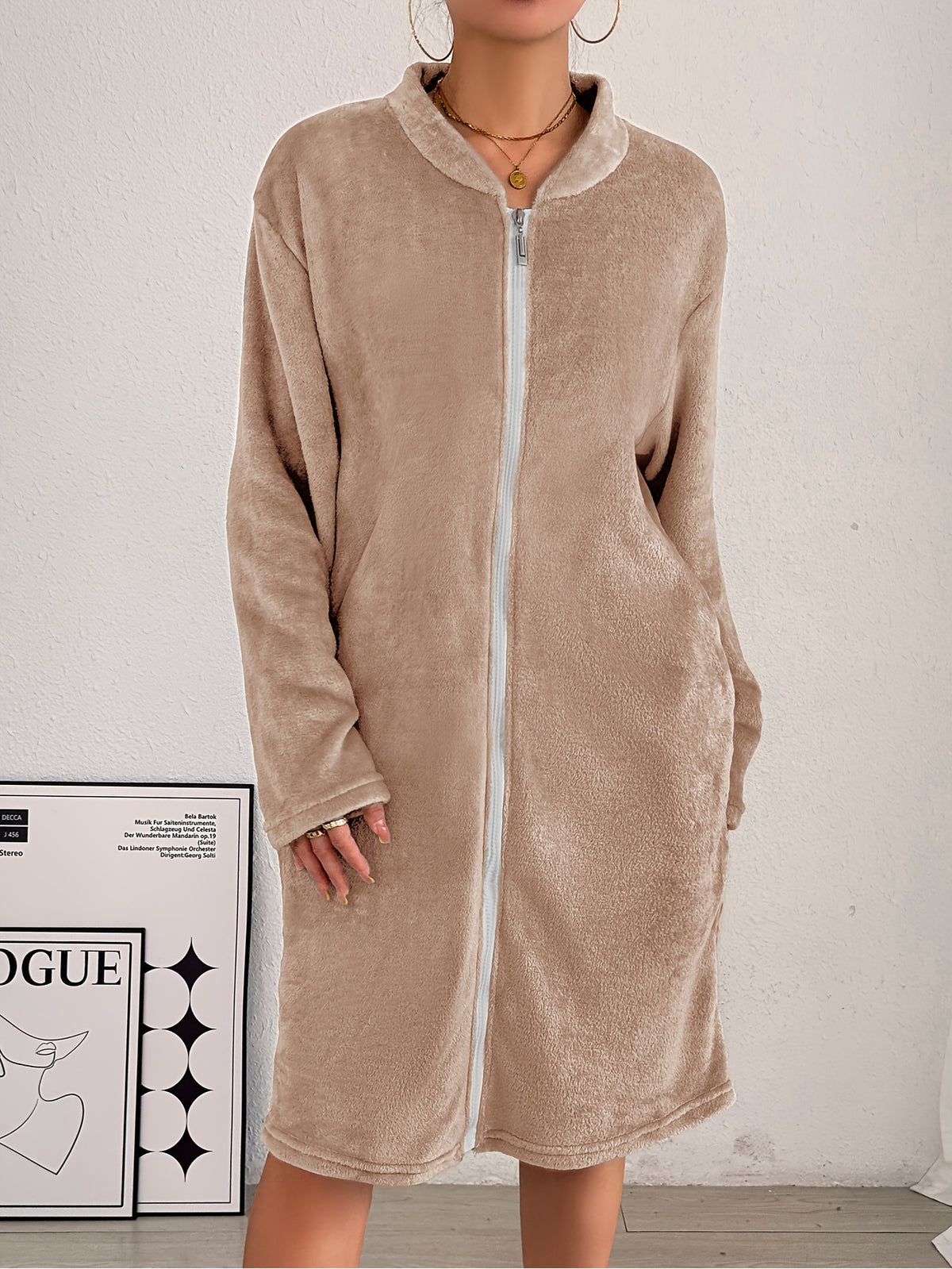 Women's thick flannel zip-up dressing gown