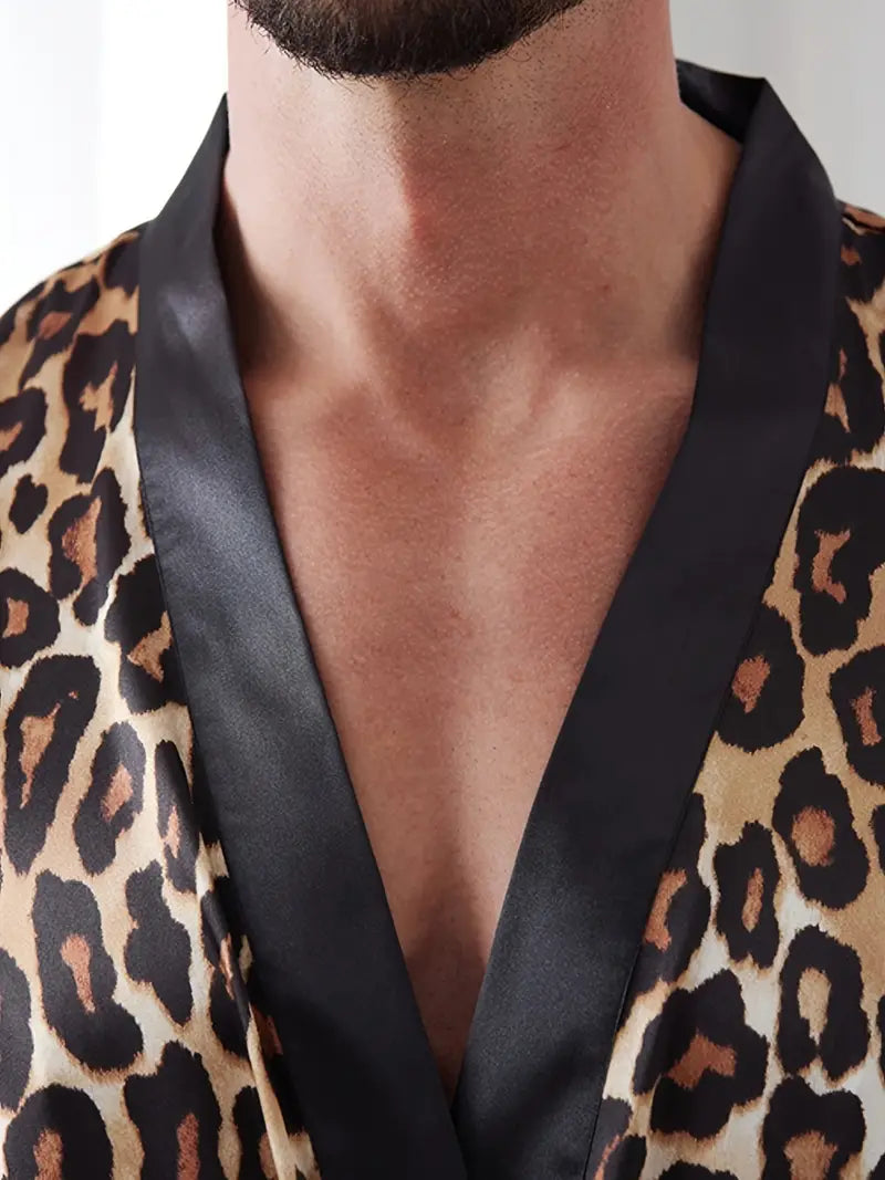 Men's leopard print robe and shorts set