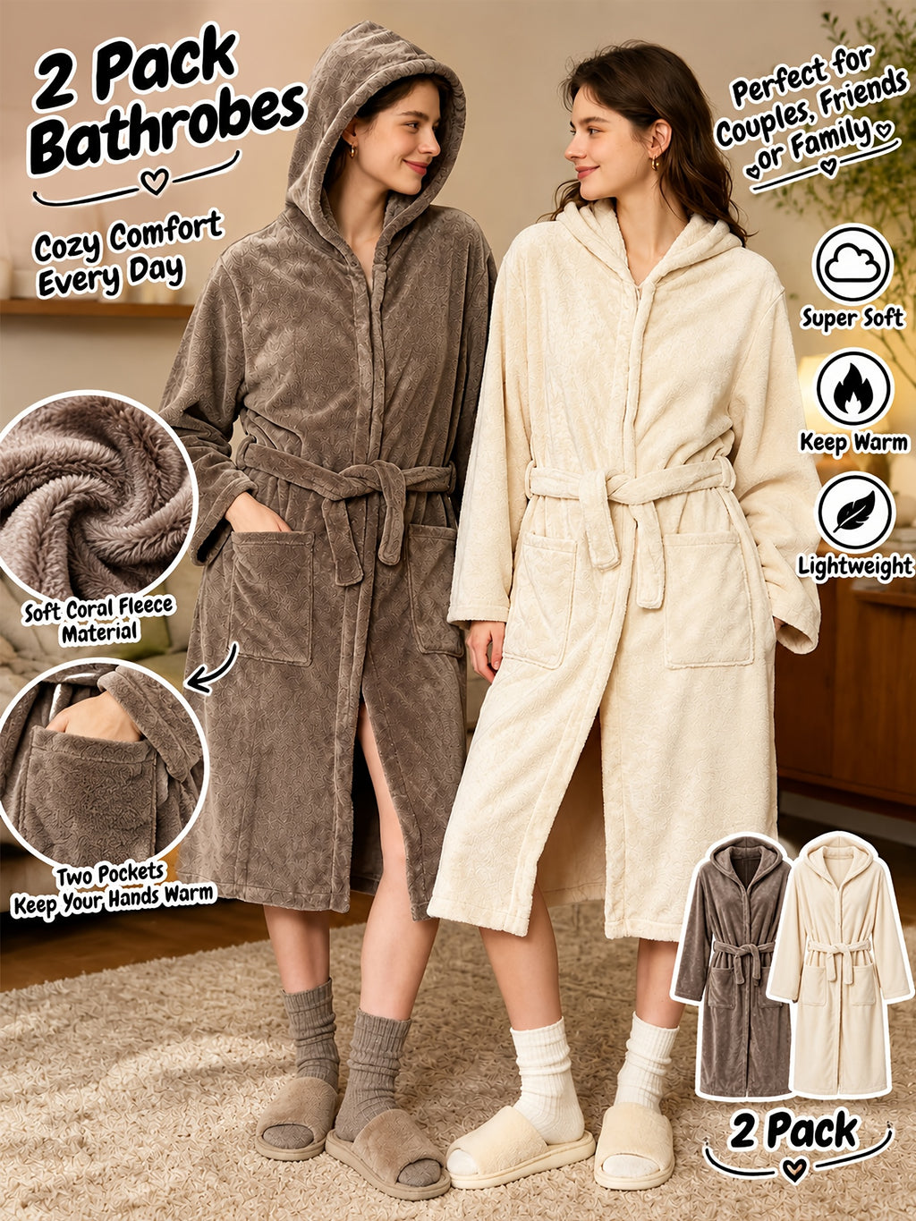 Unisex long hooded fleece bathrobe