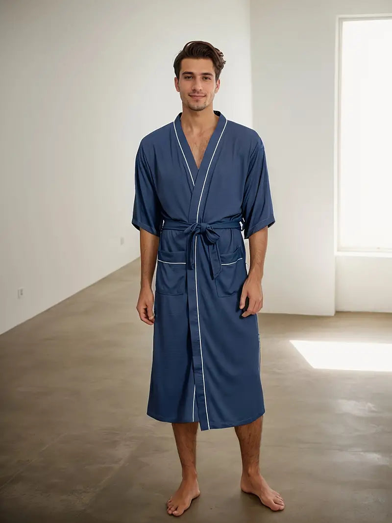 Men's long navy kimono robe, plus size