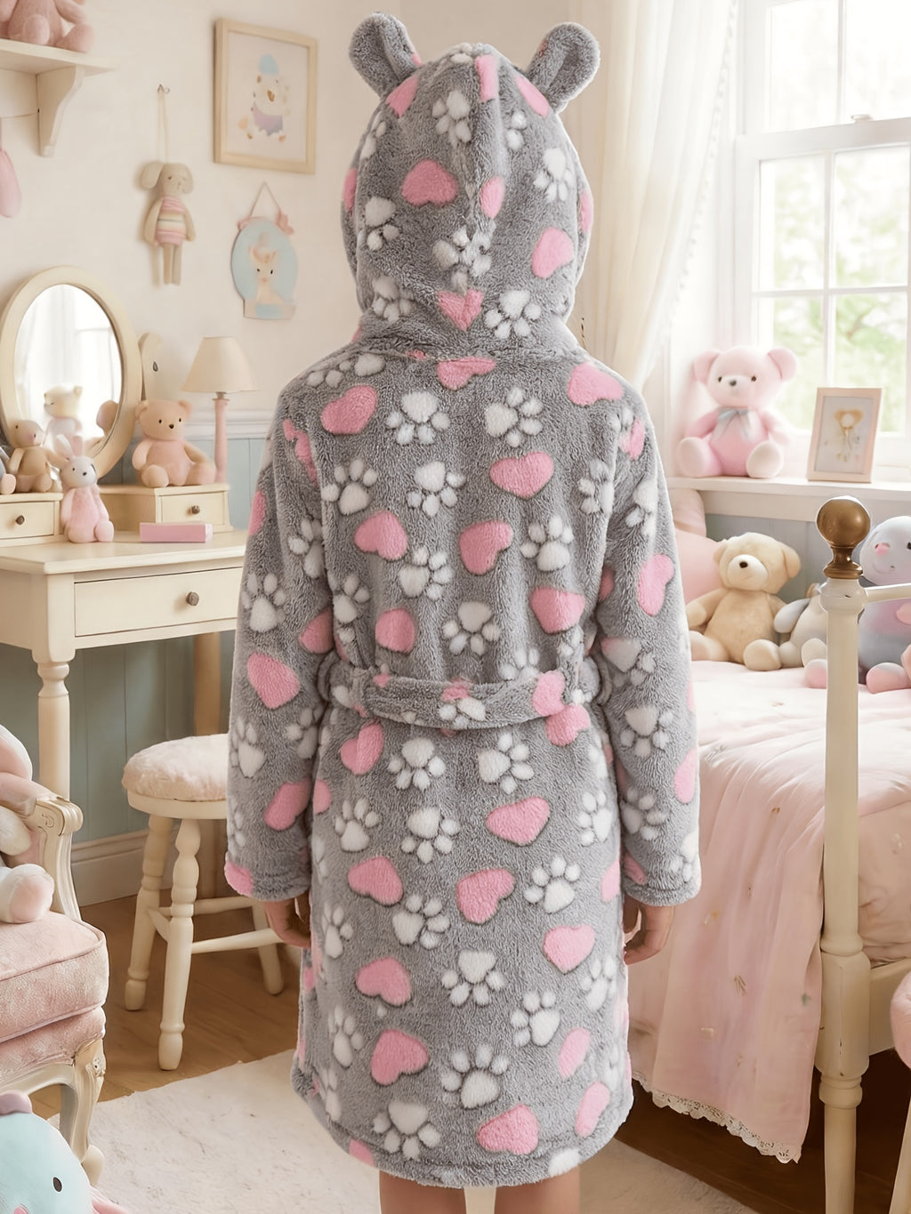 Girls' grey heart print hooded fleece dressing gown