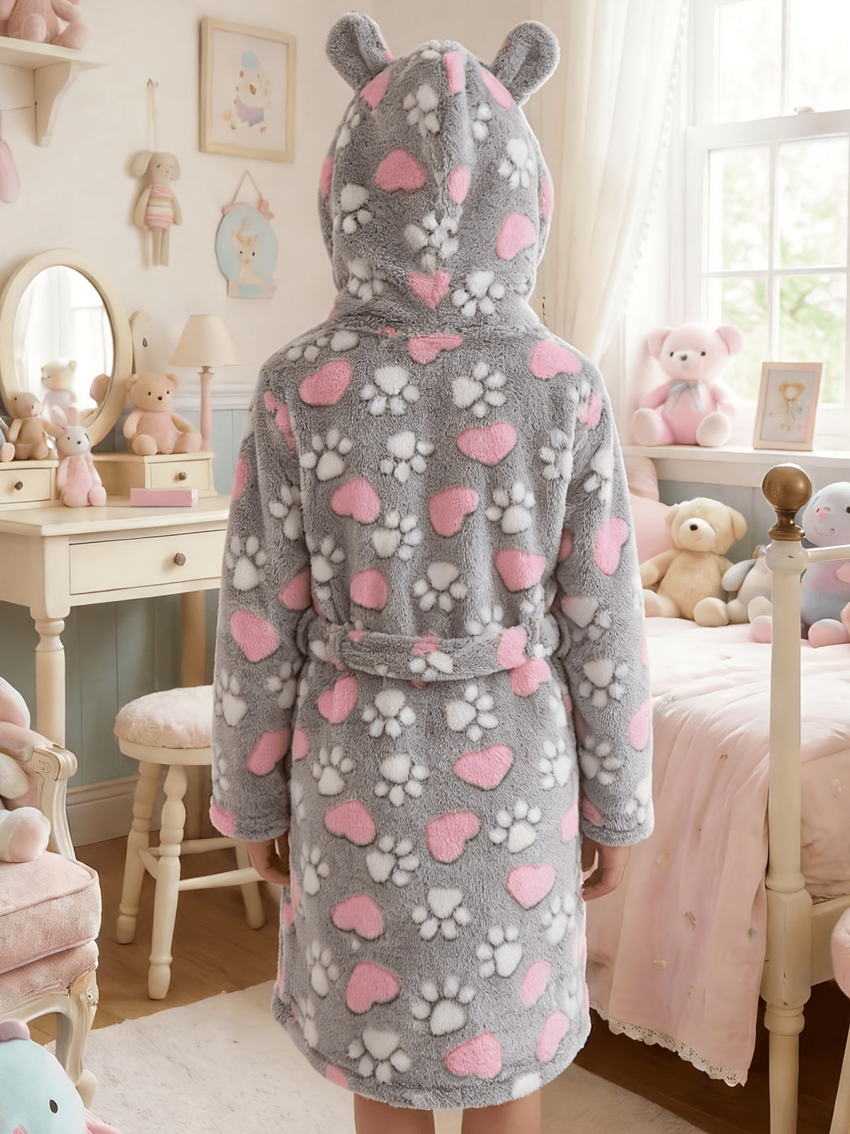 Girls' grey heart print hooded fleece dressing gown