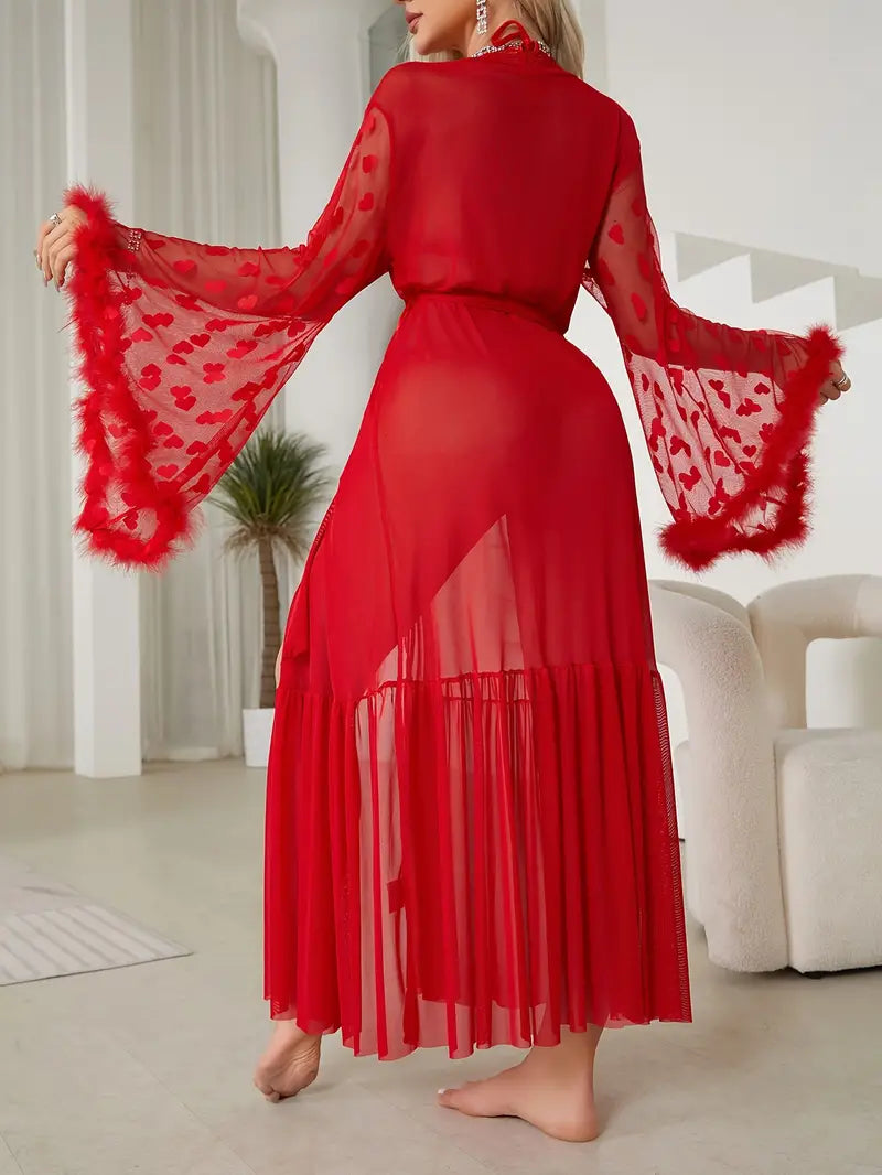 Peignoir Satin Rouge avec Manche Cloche — photo 2