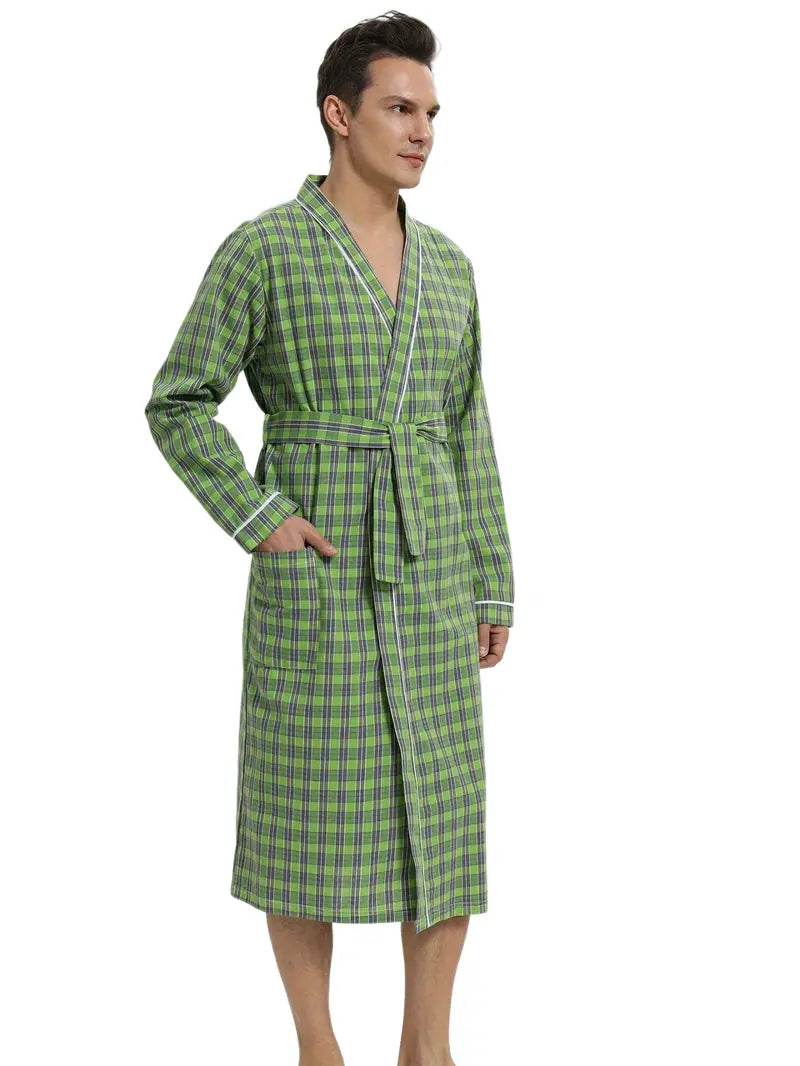 Men's long green checked cotton kimono robe