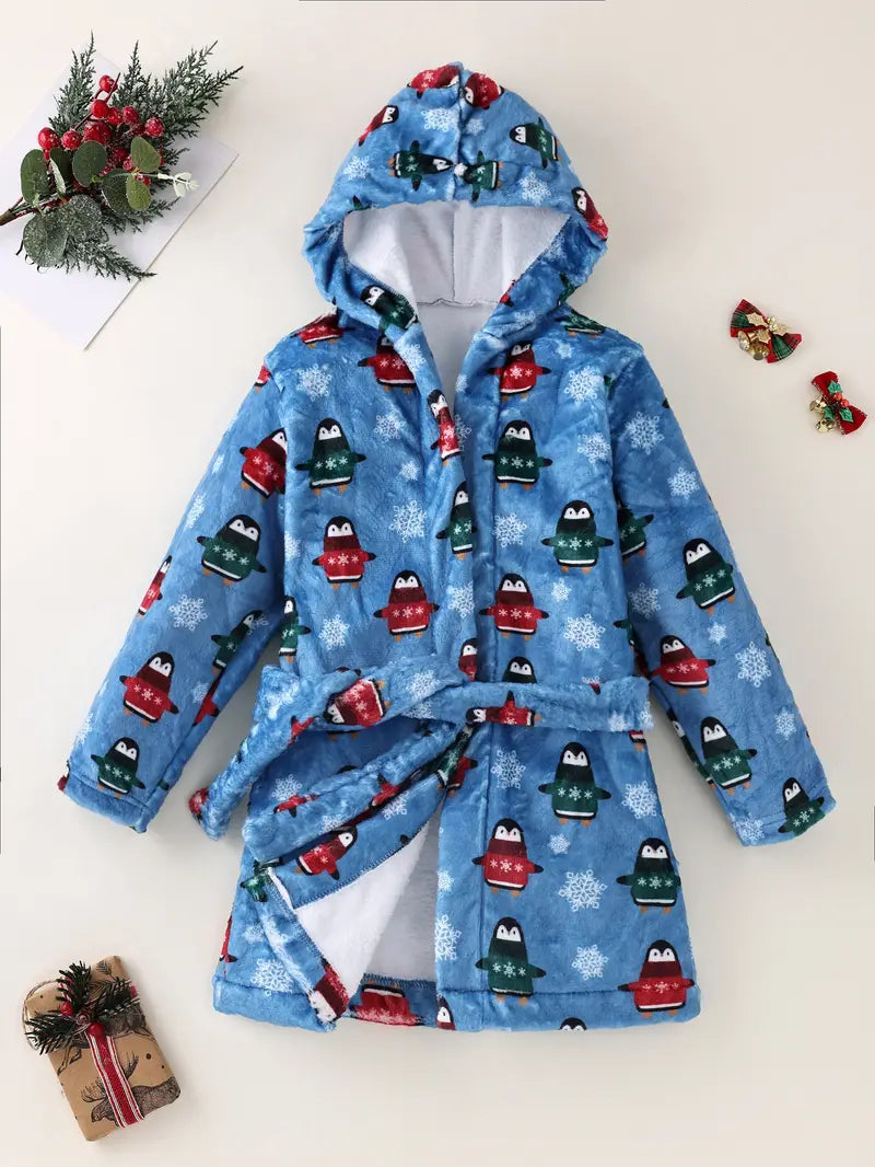 Kids' penguin print fleece bathrobe — Blue