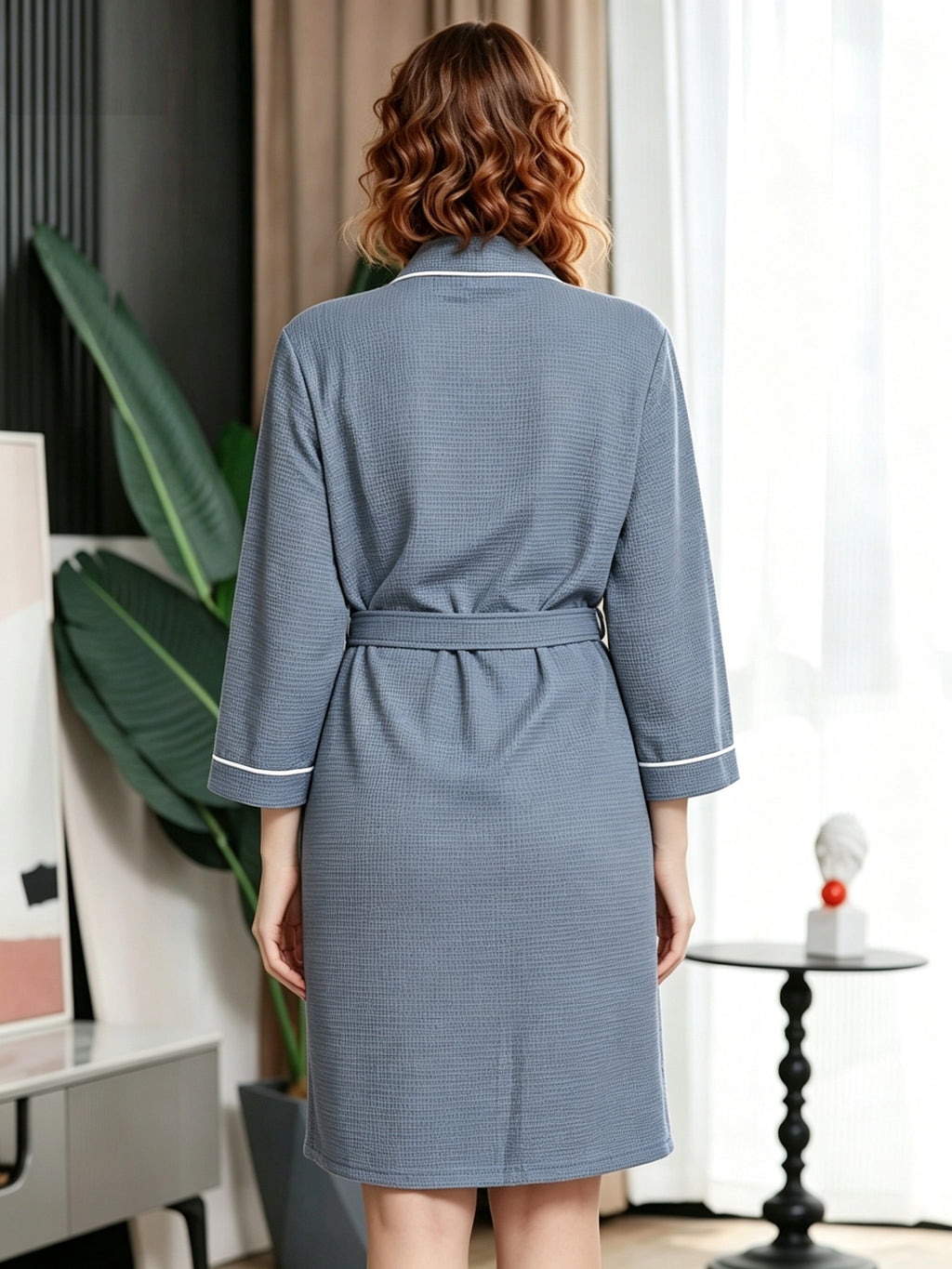 Women's long waffle bathrobe, lightweight