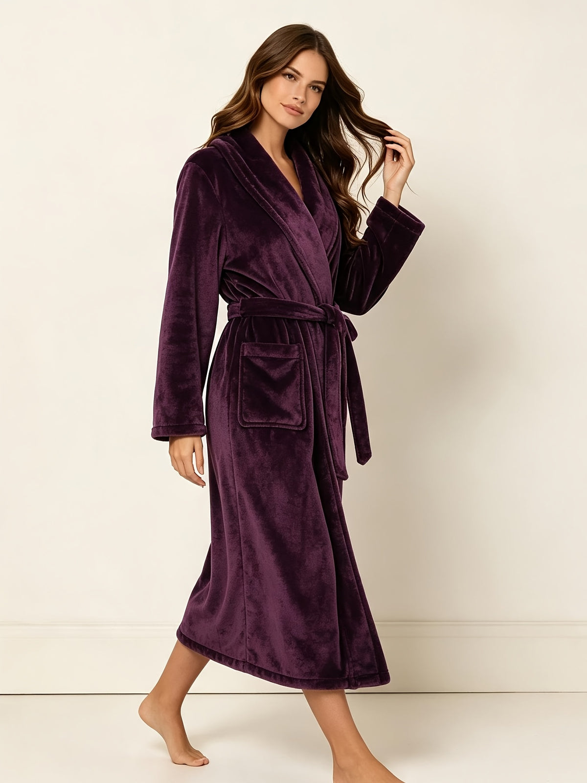 Women's plum flannel long dressing gown Image