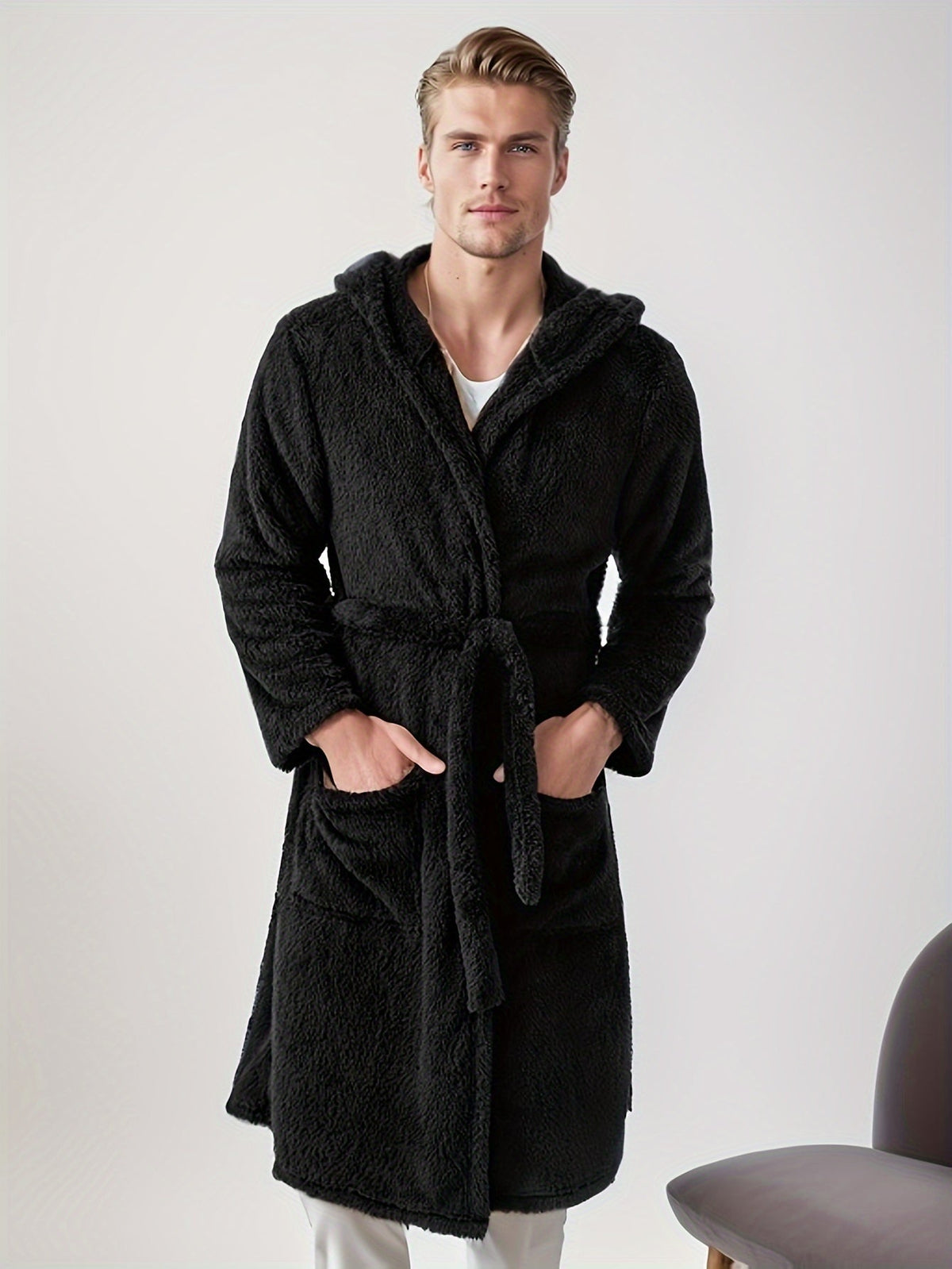 Men's short hooded towelling bathrobe