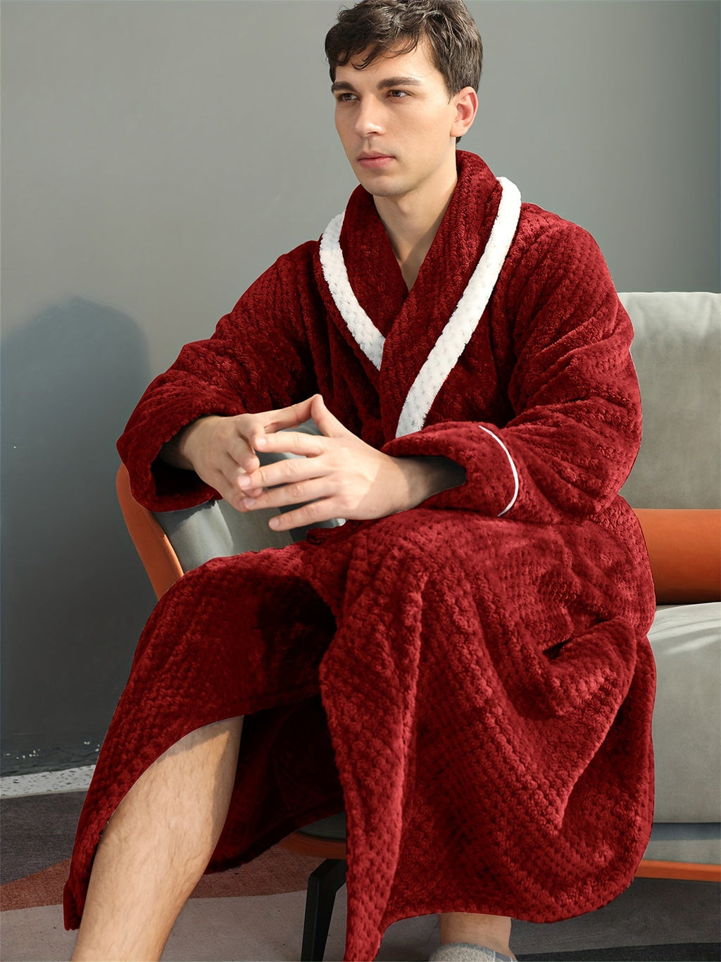 Men's long waffle velour dressing gown