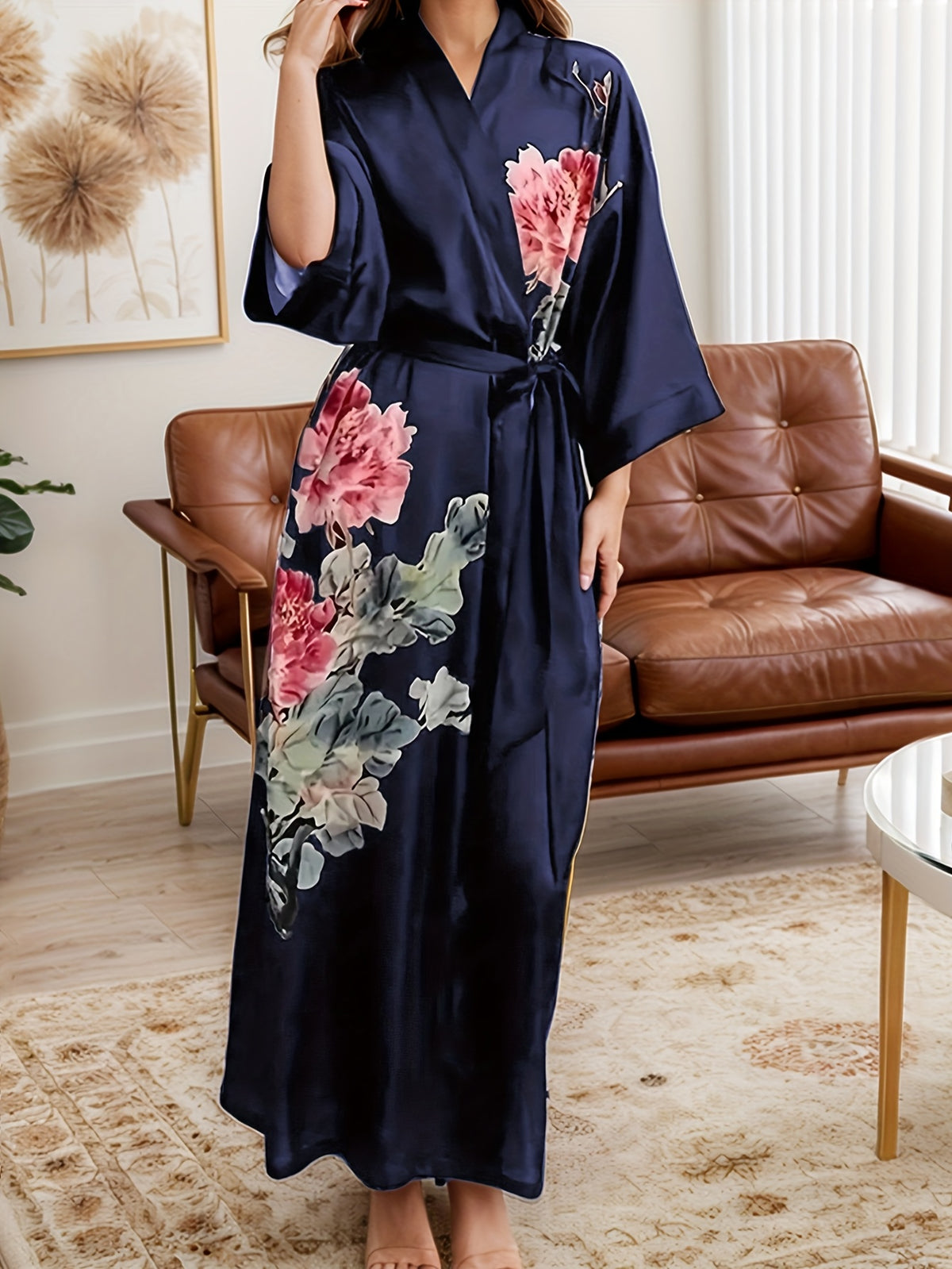 Women's plus size floral satin robe