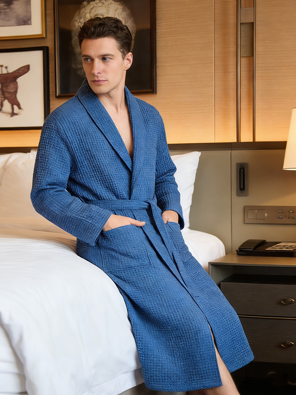 Men's plus size cotton gauze waffle bathrobe