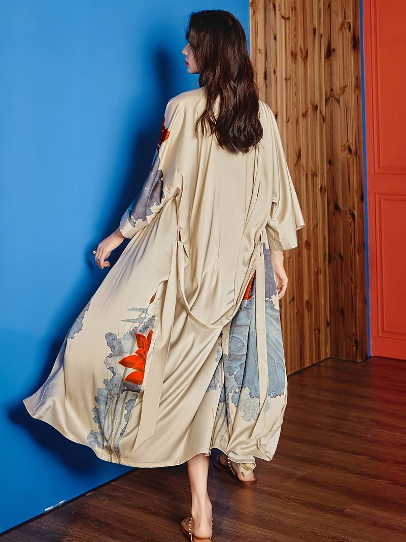 Women's long floral satin kimono robe, belted