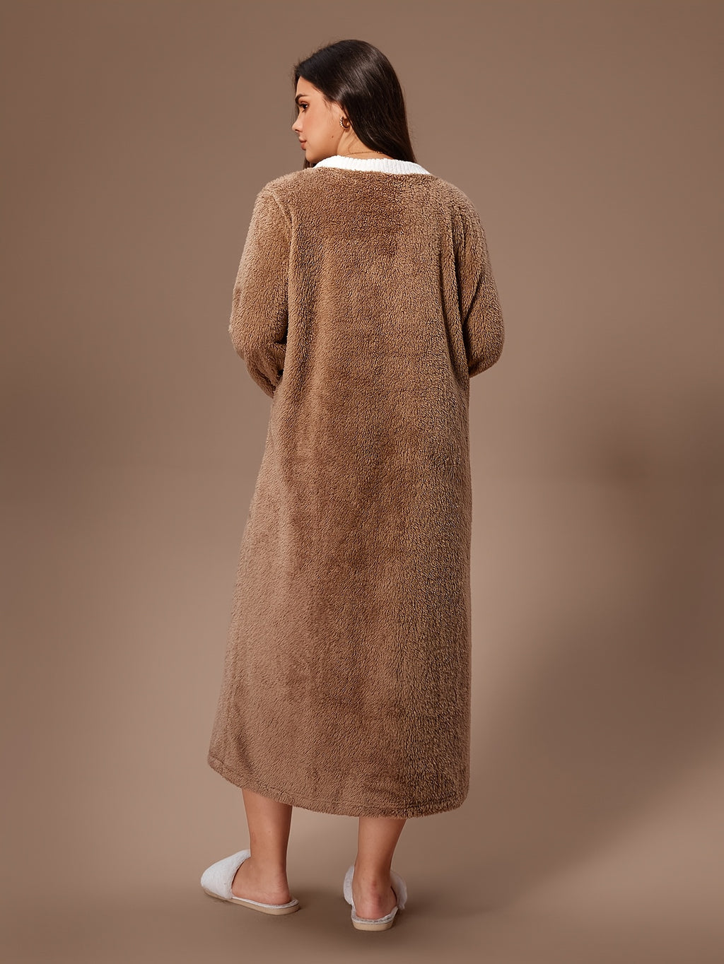 Women's plus size brown button-up fleece dressing gown
