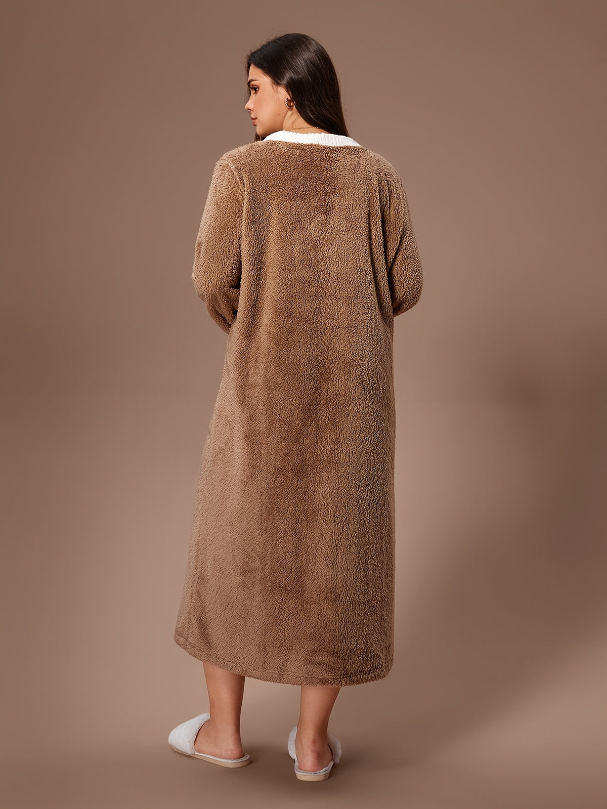 Women's plus size brown button-up fleece dressing gown