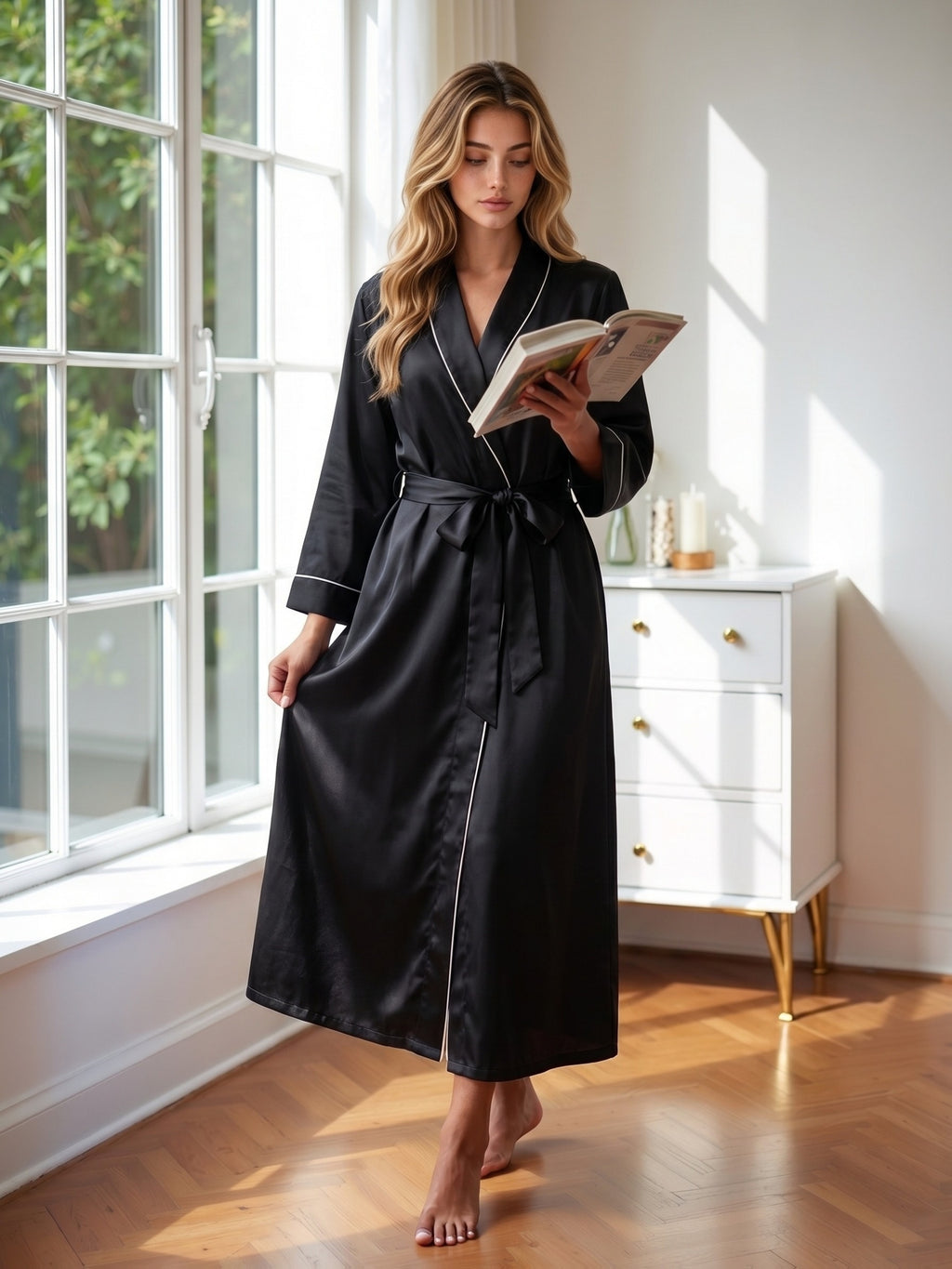 Women's black satin dressing gown with piping