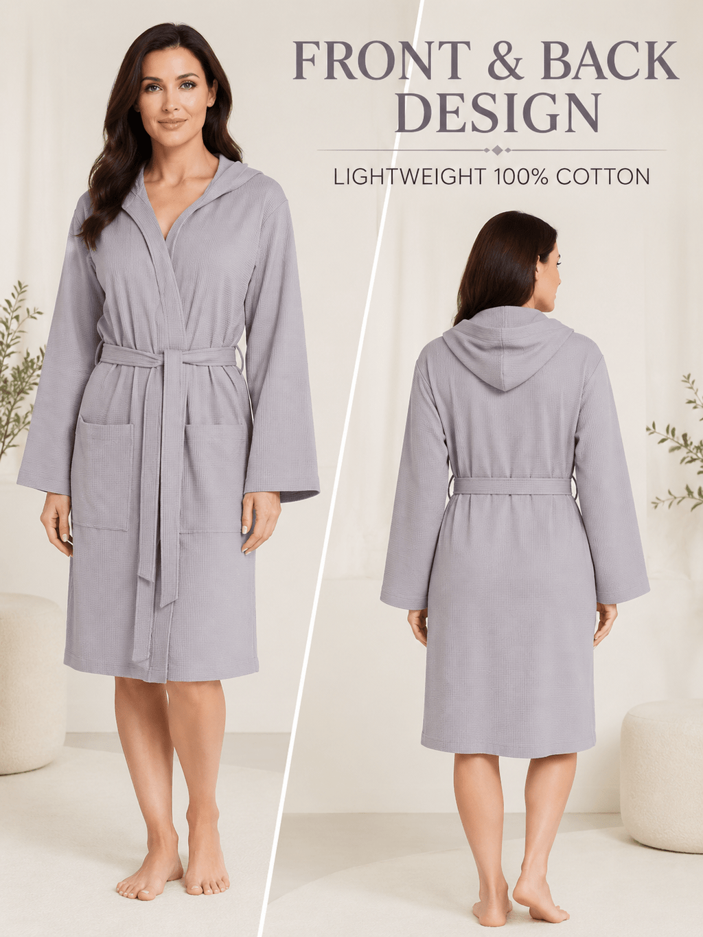 Women's hooded waffle bathrobe