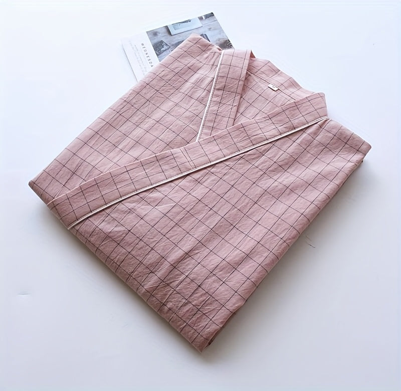 Women's pink checked kimono dressing gown