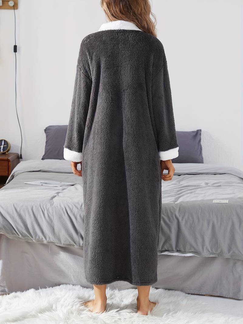 Women's relaxed long fleece dressing gown, grey Image