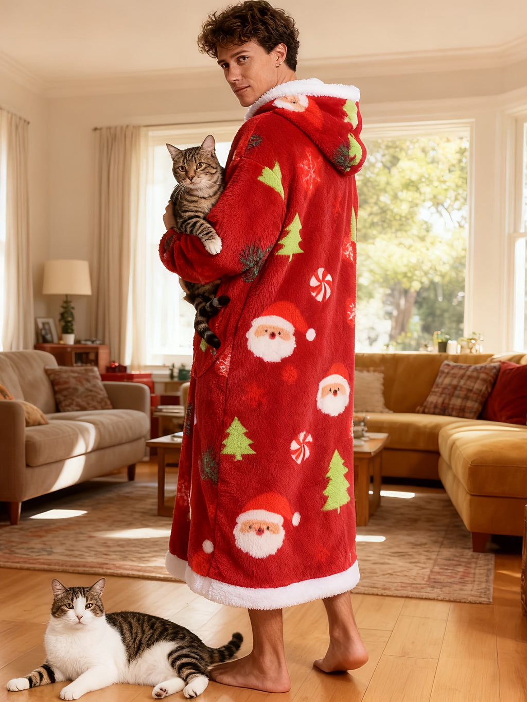Women's red Christmas hooded fleece dressing gown