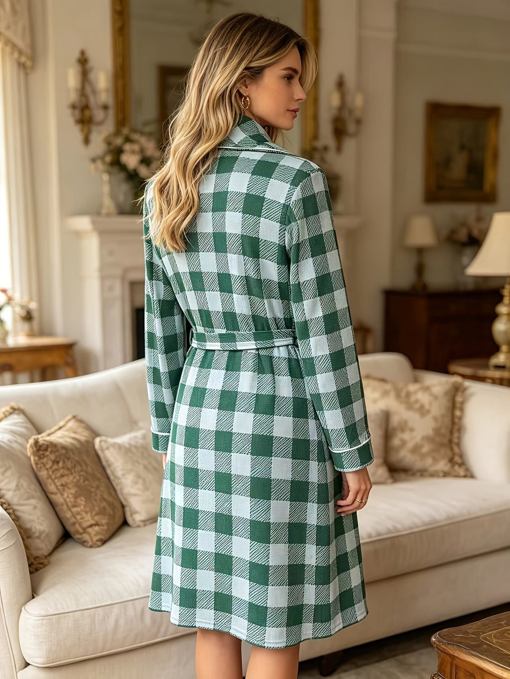 Women's green checked waffle bathrobe