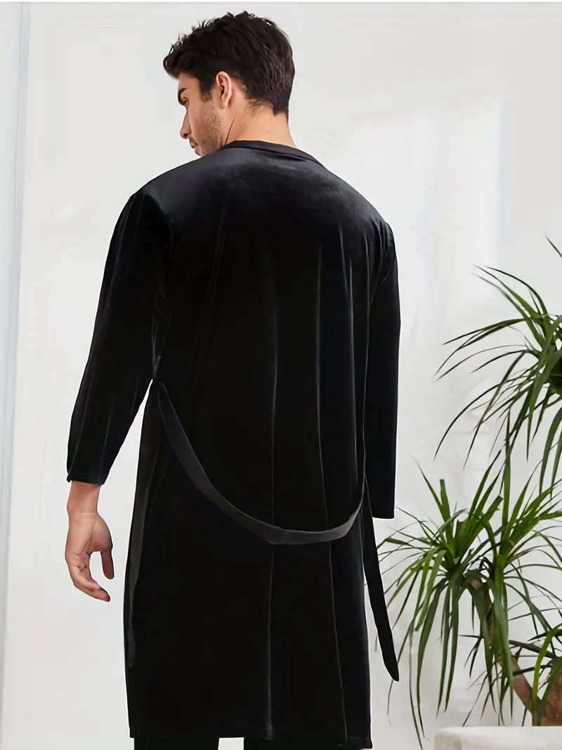 Men's short black towelling kimono robe