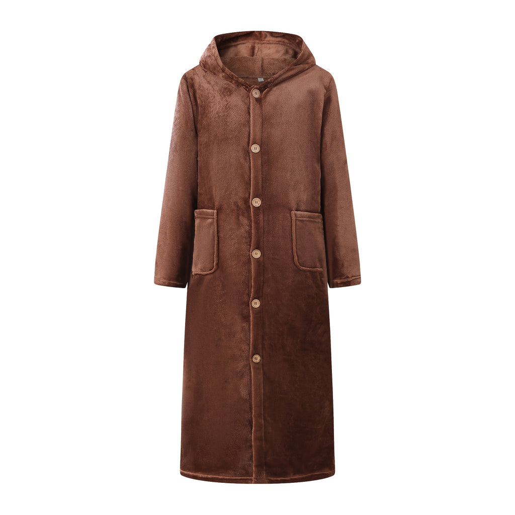 Women's hooded button-up fleece dressing gown