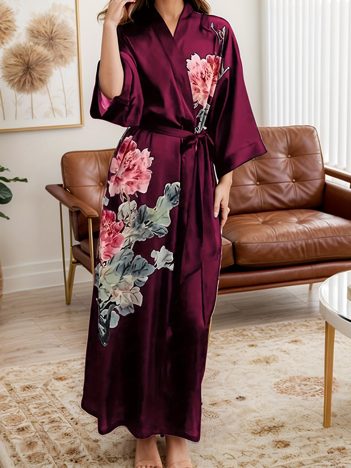 Women's plus size floral satin robe