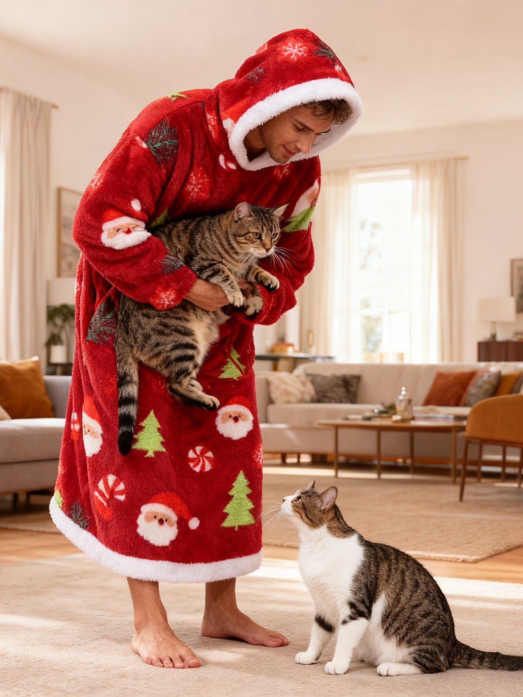 Women's red Christmas hooded fleece dressing gown