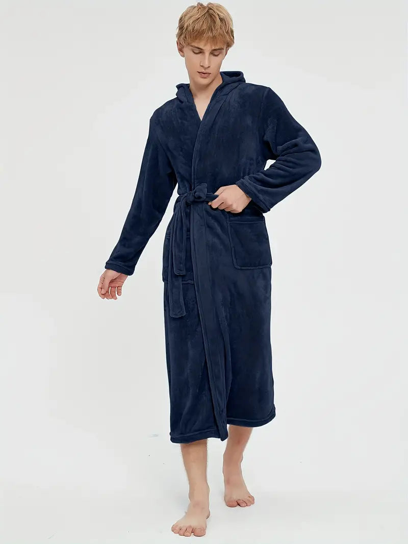 Men s hooded fleece bathrobe charcoal — Navy
