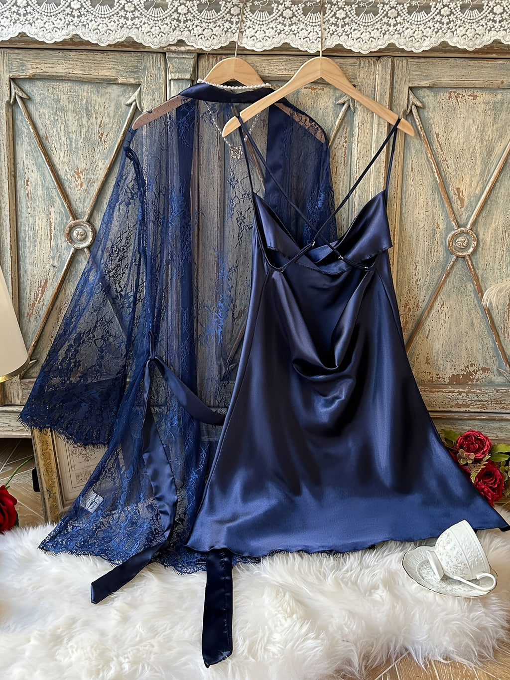 Navy lace dressing gown