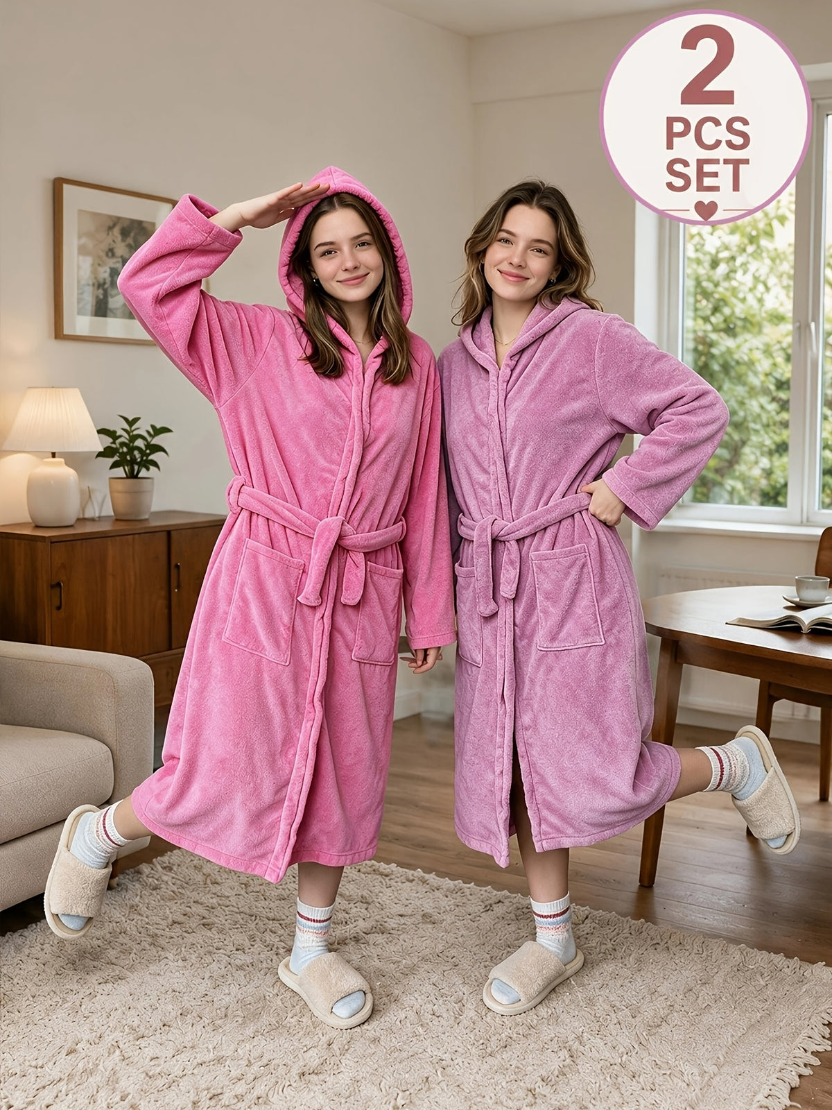 Unisex long hooded fleece bathrobe