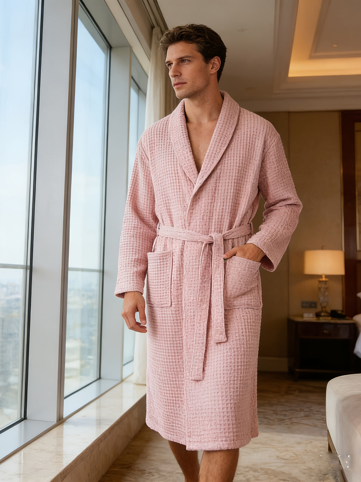 Men's plus size cotton gauze waffle bathrobe