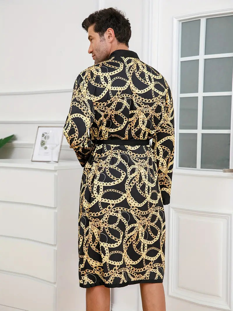 Men's gold chain print kimono robe