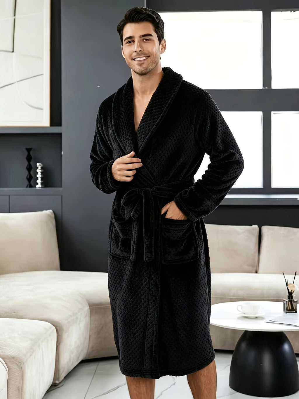 Men's textured fleece bathrobe