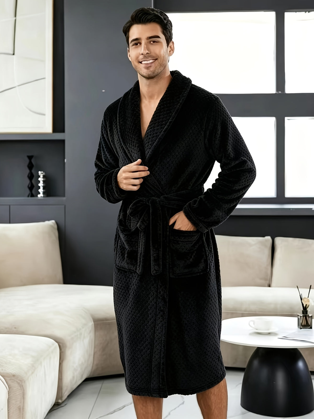 Men's textured fleece bathrobe