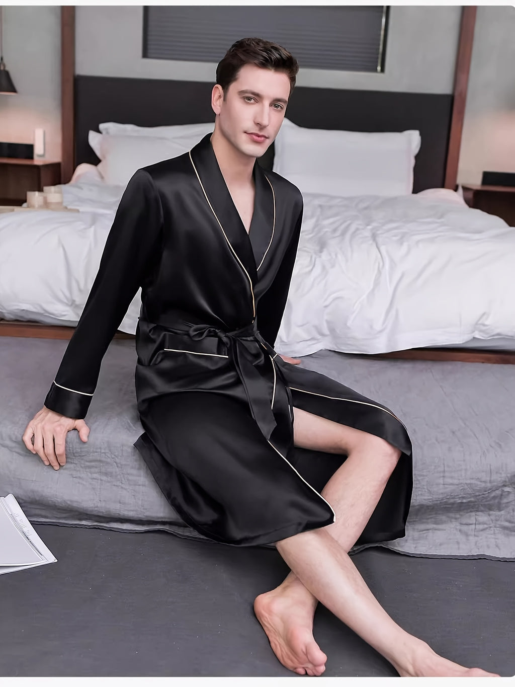 Men's black mulberry silk dressing gown
