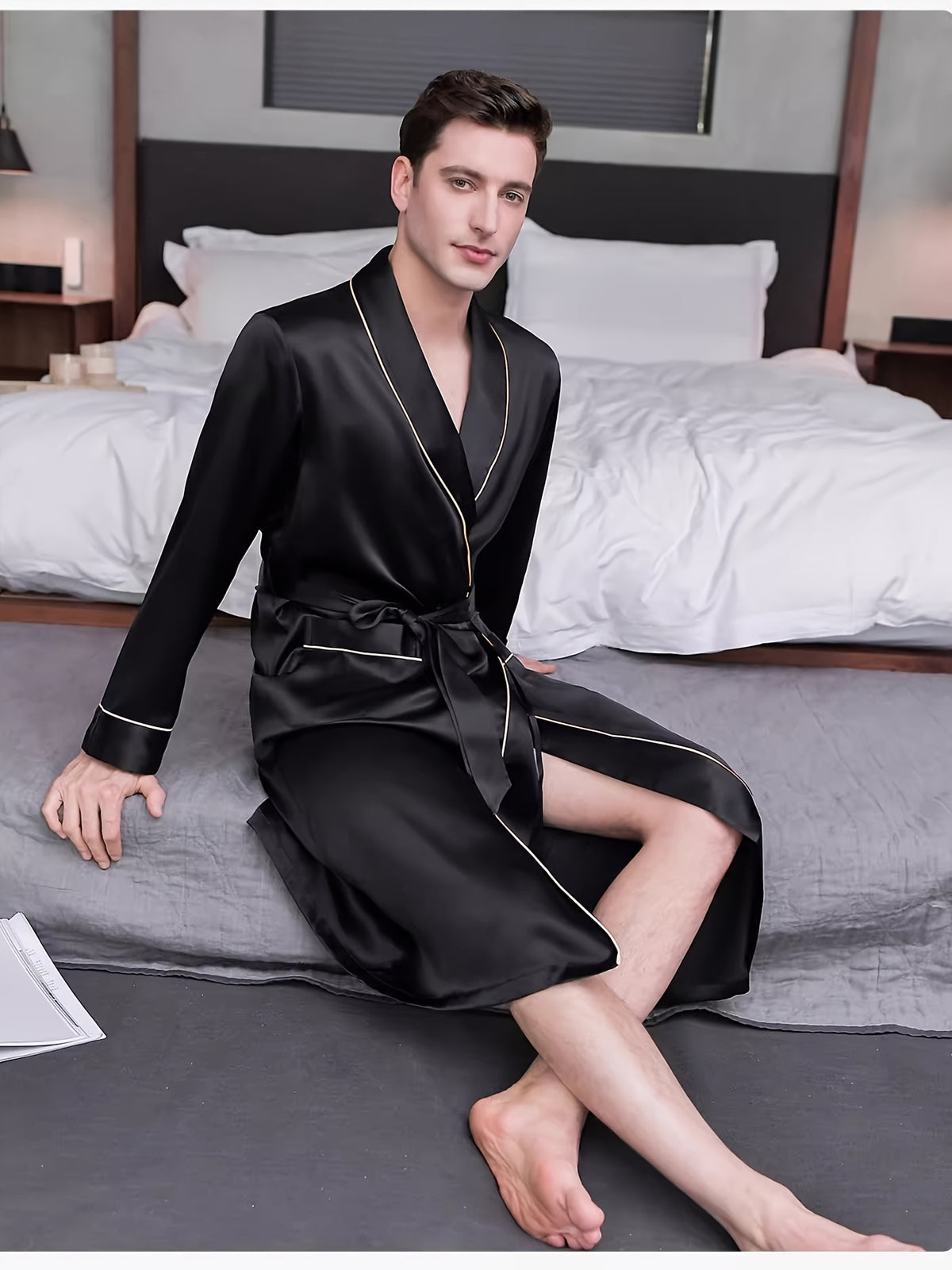 Men's black mulberry silk dressing gown