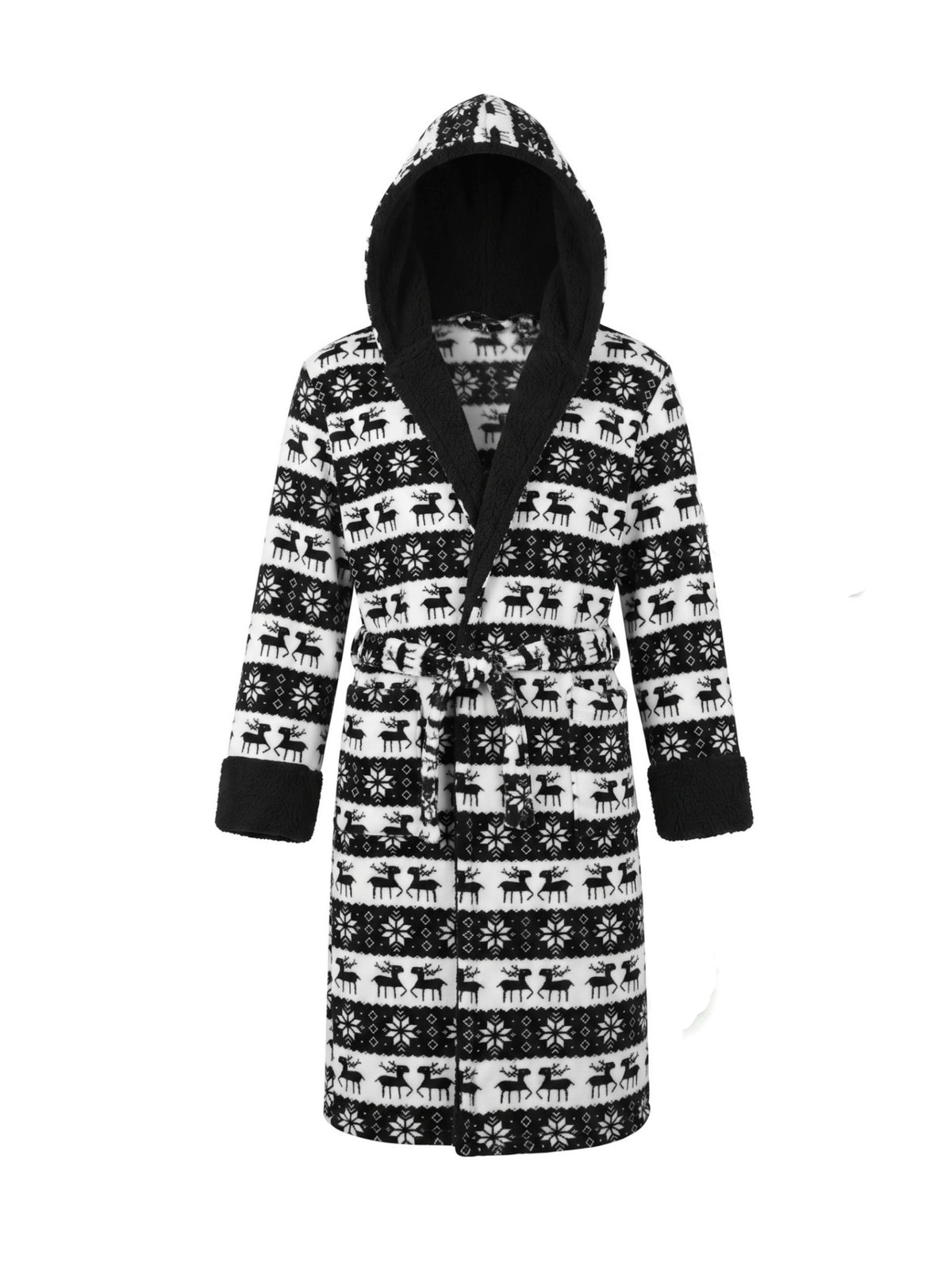 Men's black Fair Isle hooded Christmas dressing gown